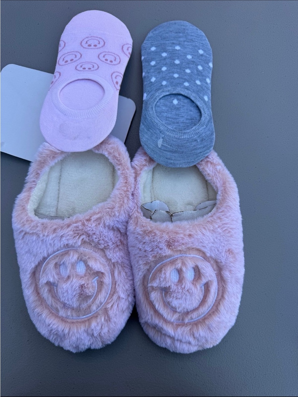 Pink Smiley Face Fur Slippers & sock set